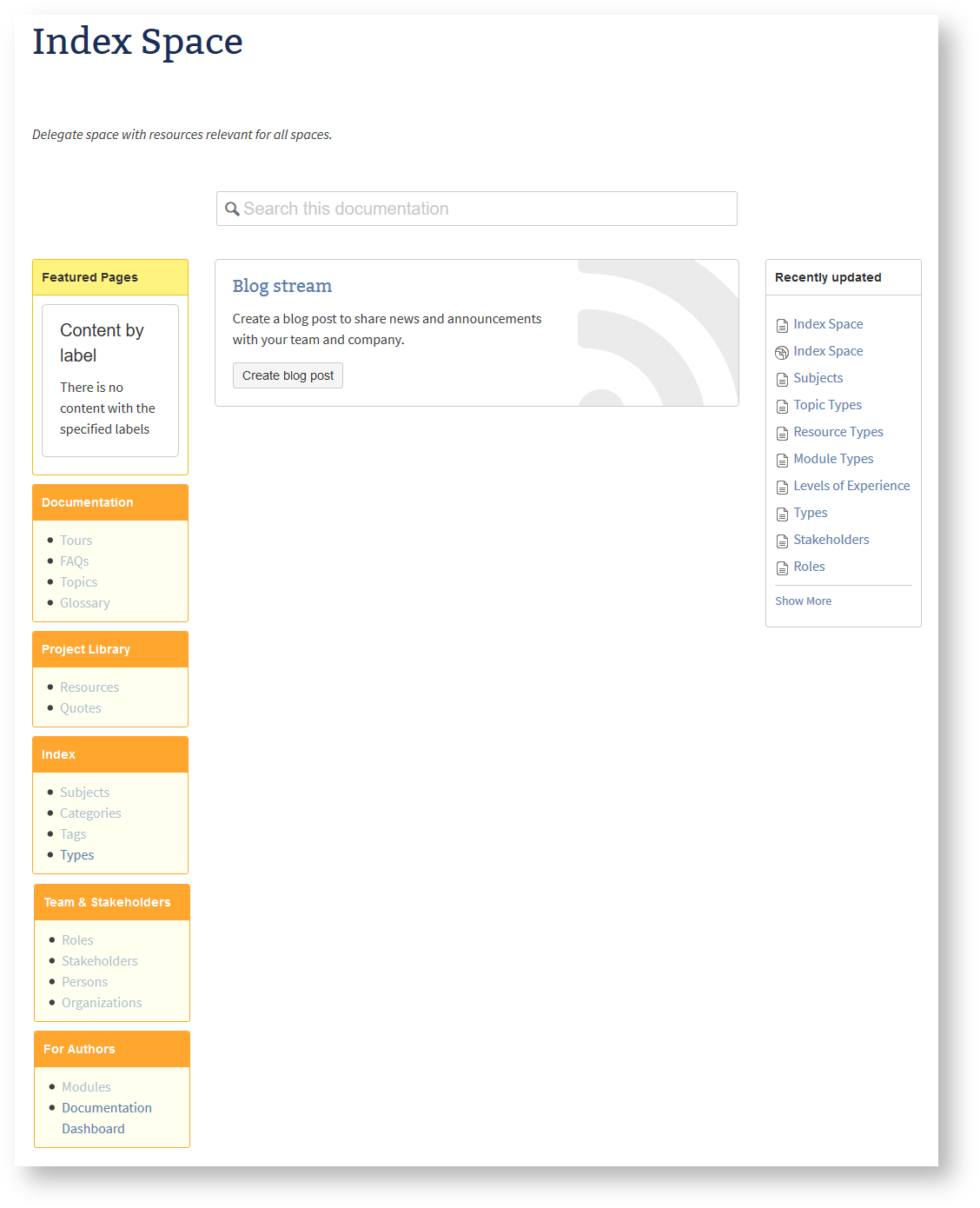 The new index space provides homepages to categorizing documents that are relevant to all your spaces.