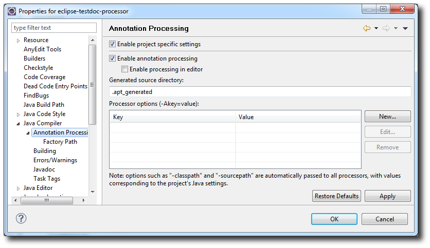 Shows the JDT-APT configuration view